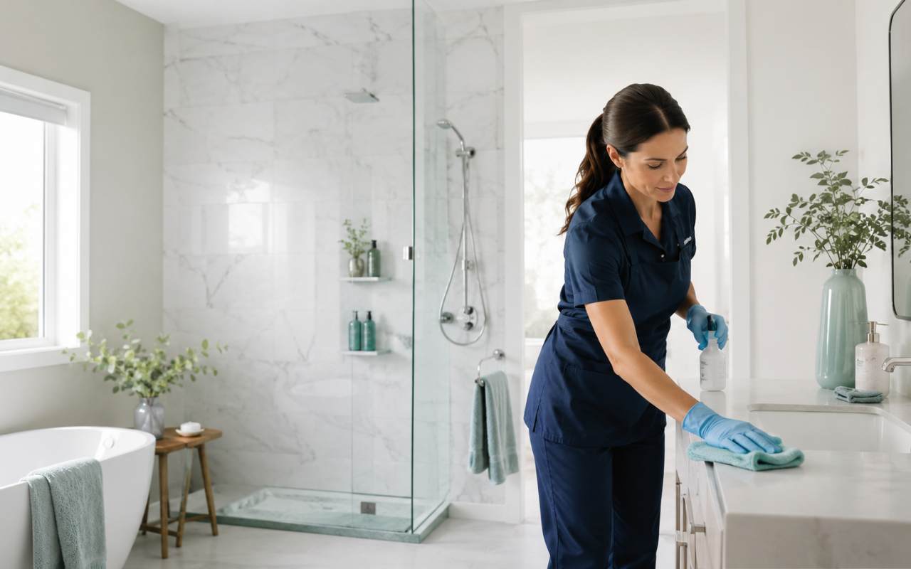 Person scrubbing bathroom tile grout with a brush during a thorough bathroom deep clean