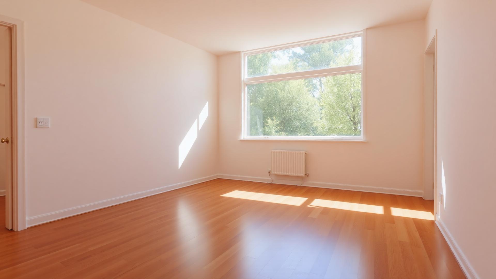 Empty residential interior with hardwood floor and natural light, ready for move-in