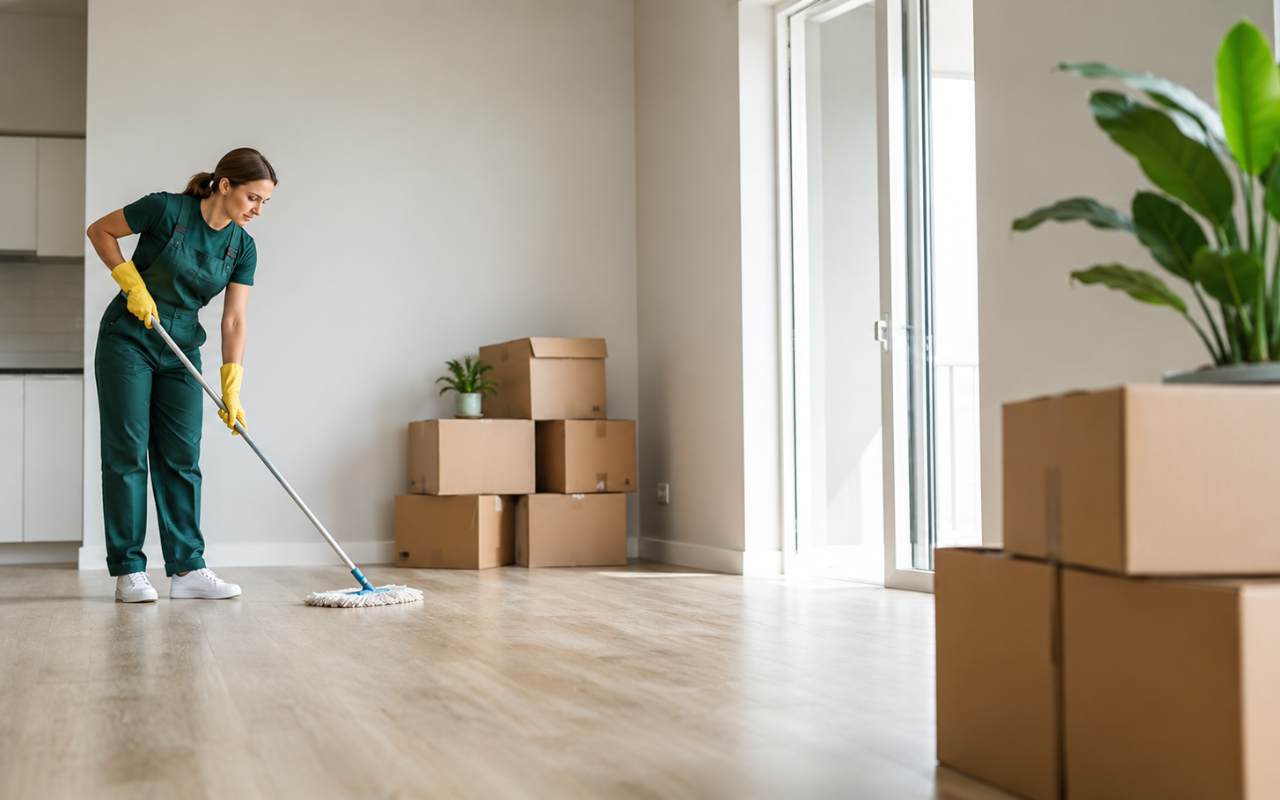 Professional cleaner wiping down kitchen appliances in a vacant GTA apartment