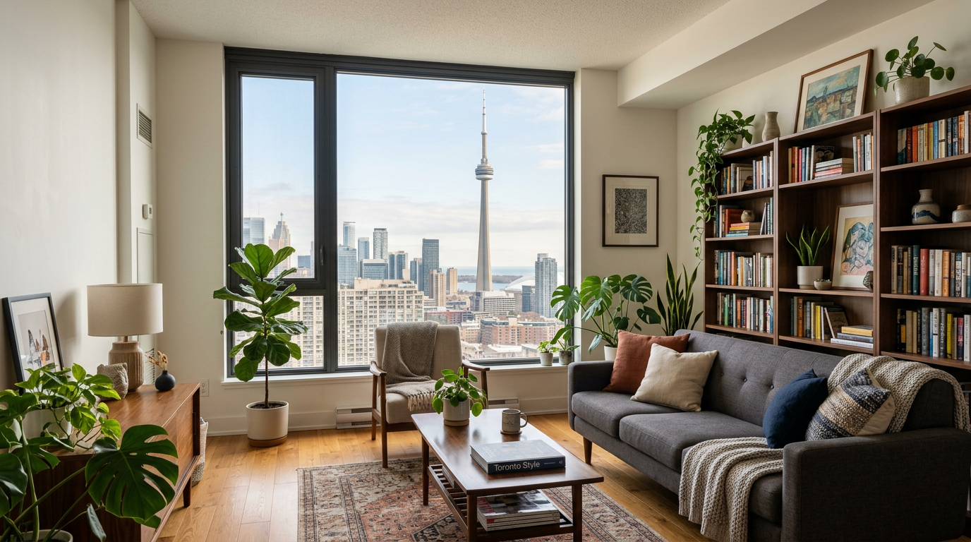 Toronto residential interior with skyline visible through large windows