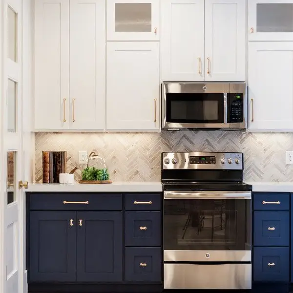 white and blue cabinets